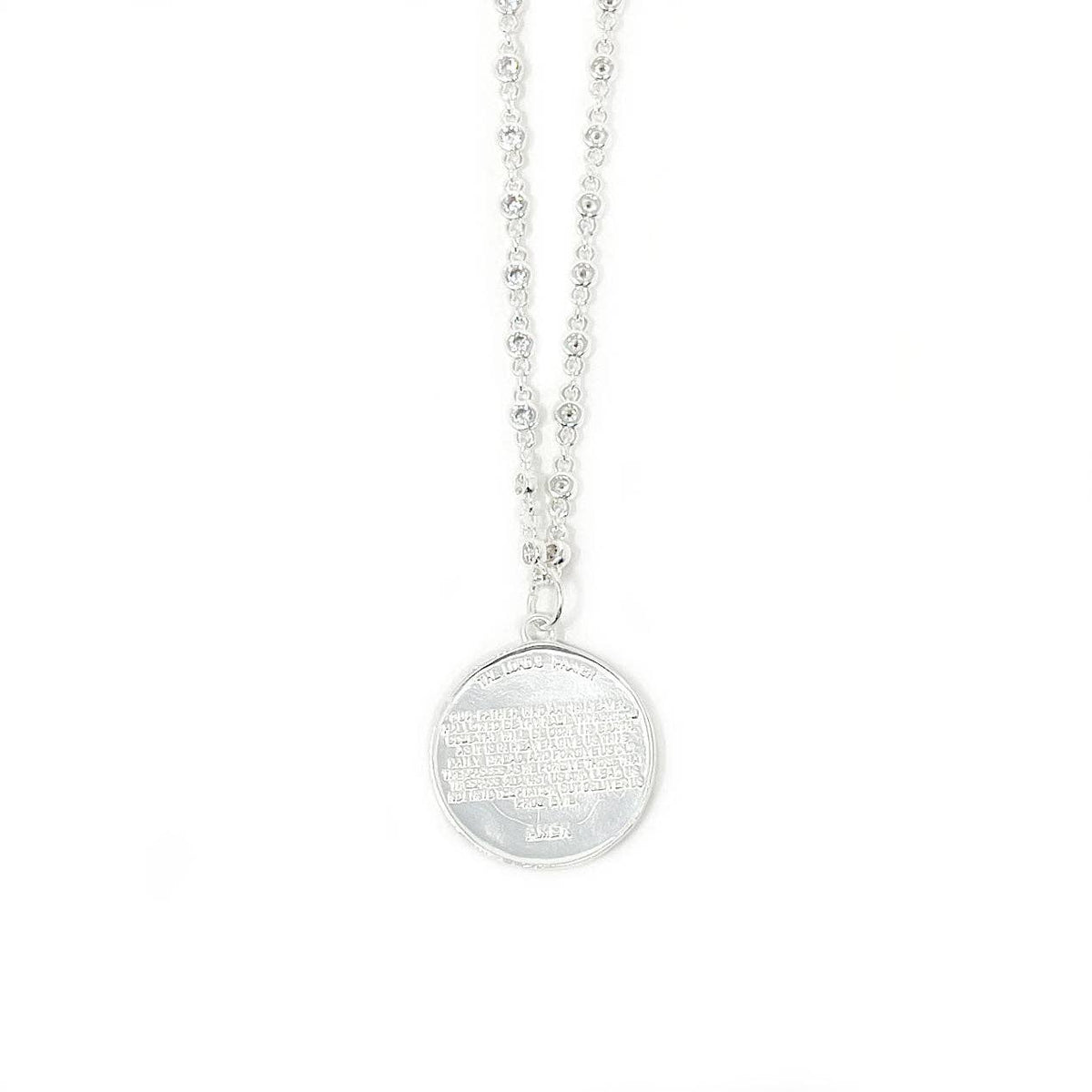 18" Silver Crystal Bezel Necklace with Matte Silver Lord's Prayer Cross: 18"