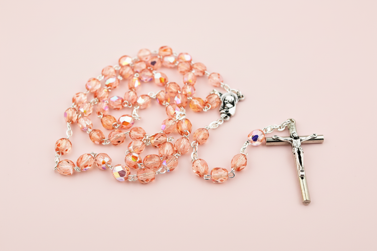 Crystal Pink Rosary Beads with Madonna Centerpiece