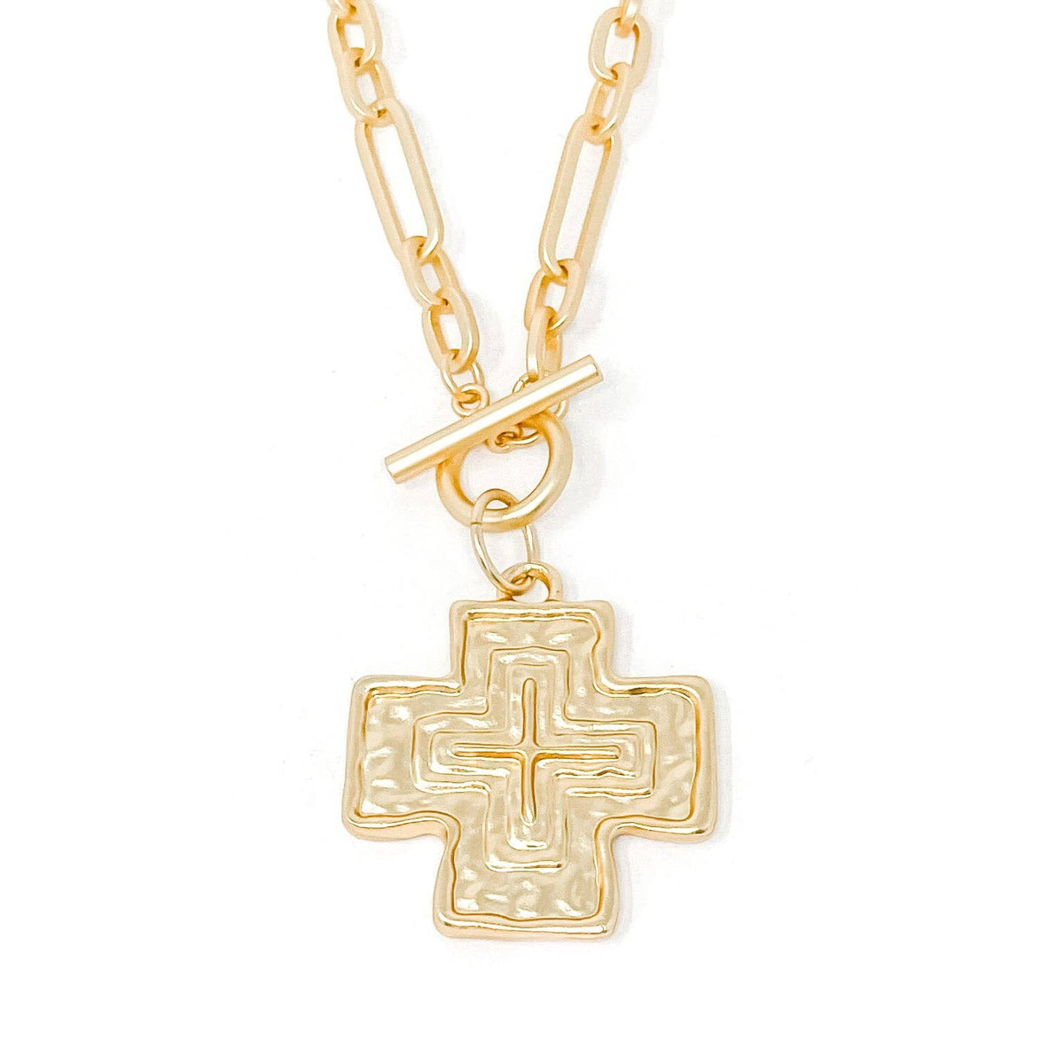 Modern Paperclip Toggle Necklace with Large Matte Gold Cross: 18"