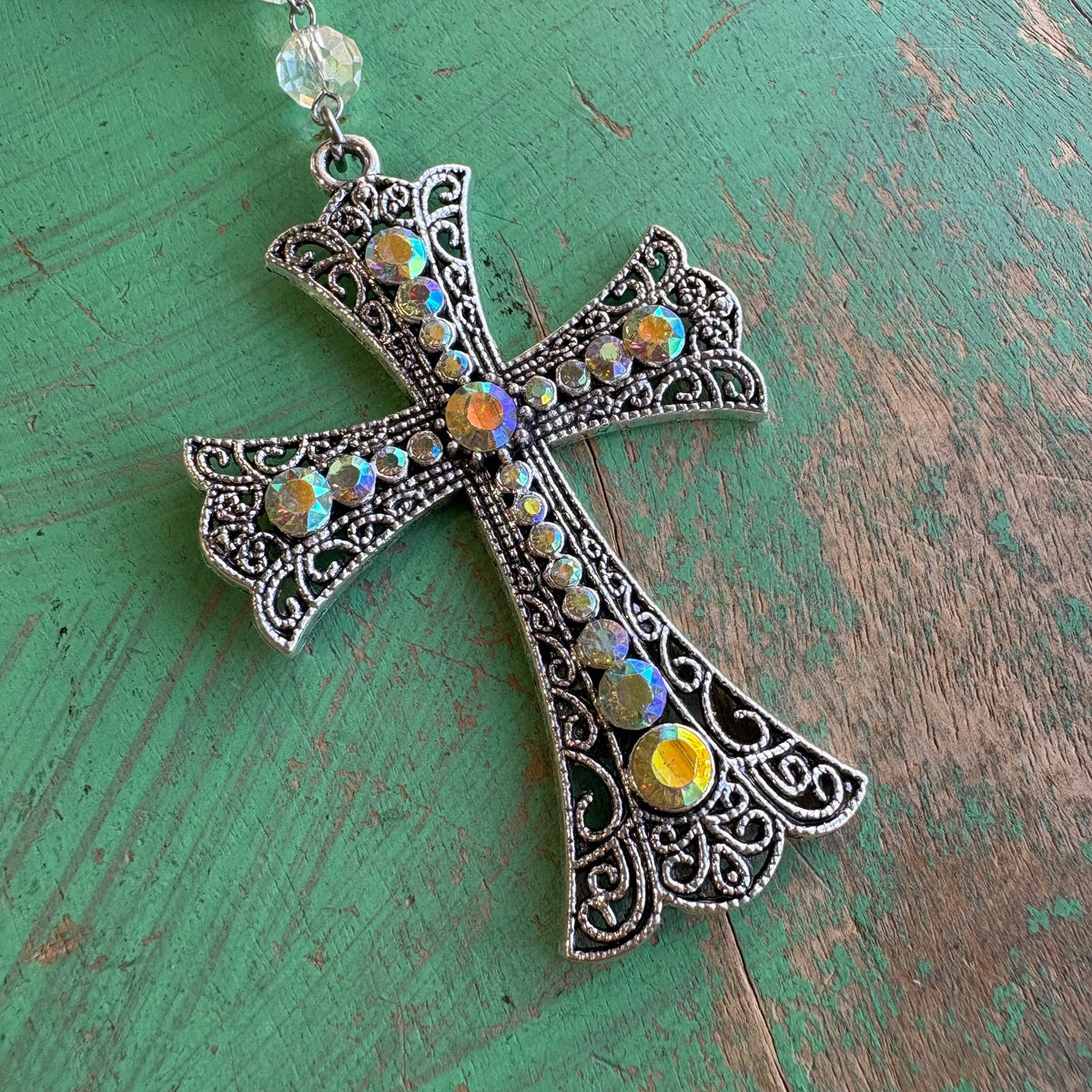 Citrine Glow Jeweled Cross Car Rosary or Purse Blessing