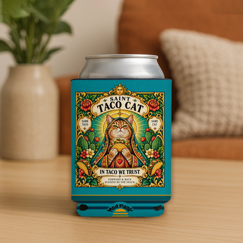 Saint Taco Cat Prayer Candle Koozie: 4inx5in