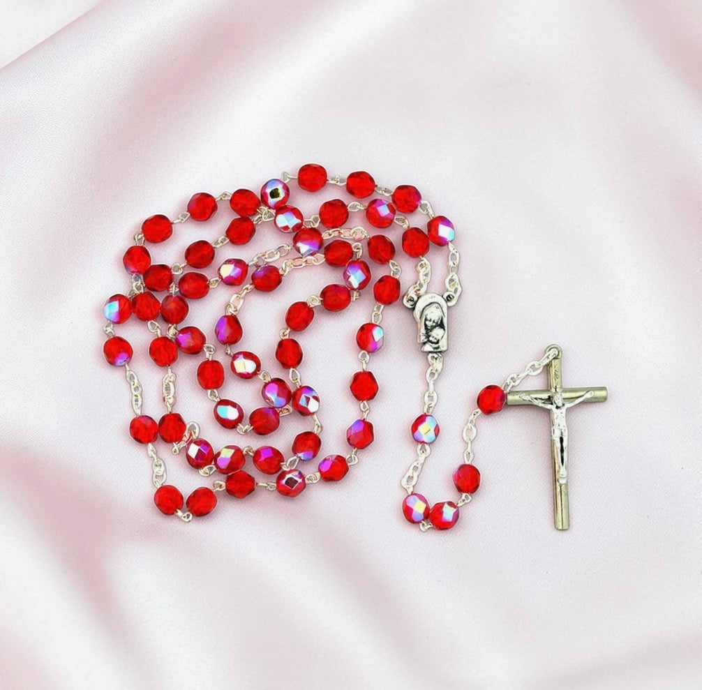 Crystal Red Rosary Beads with Madonna Centerpiece