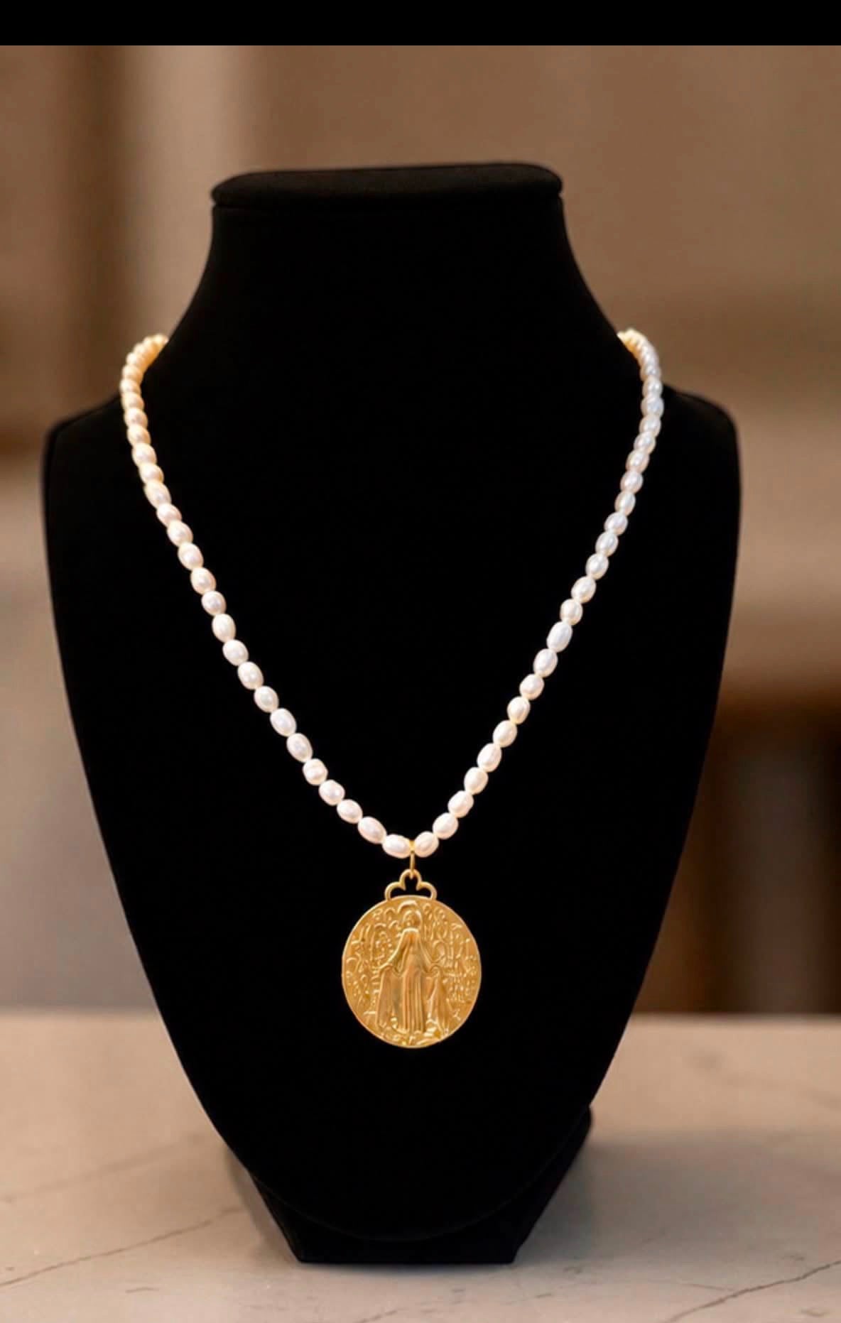 Pearl Necklace with Large Matte Gold Blessed Mother