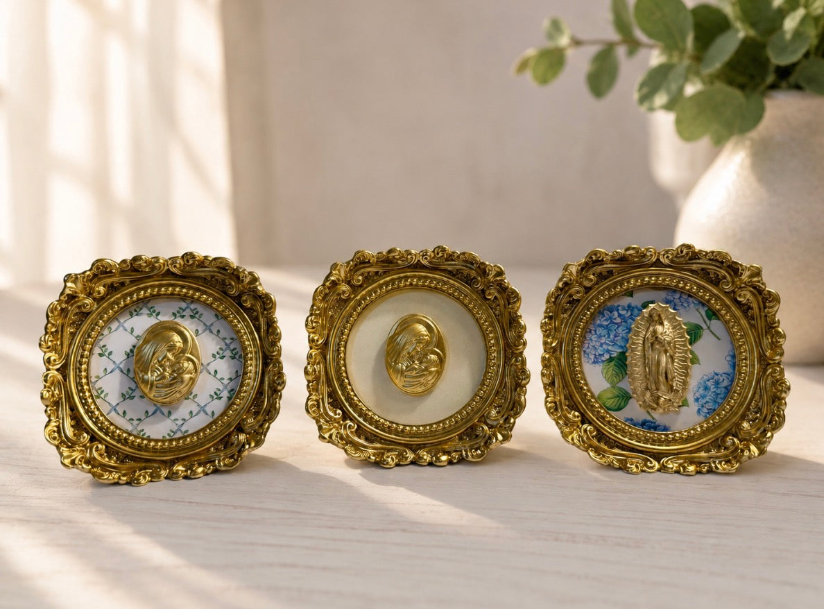 Mother Mary and Baby Jesus Intaglio on Champagne Pearl or Green Vine Backed on Gold Frame or Our Lady of Guadalupe Intaglio on Blue Hydrangea ~ A Christina Yeager Design