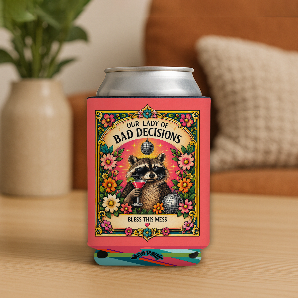Our Lady Of Bad Decicions Racoon Prayer Candle Koozie: 4inx5in