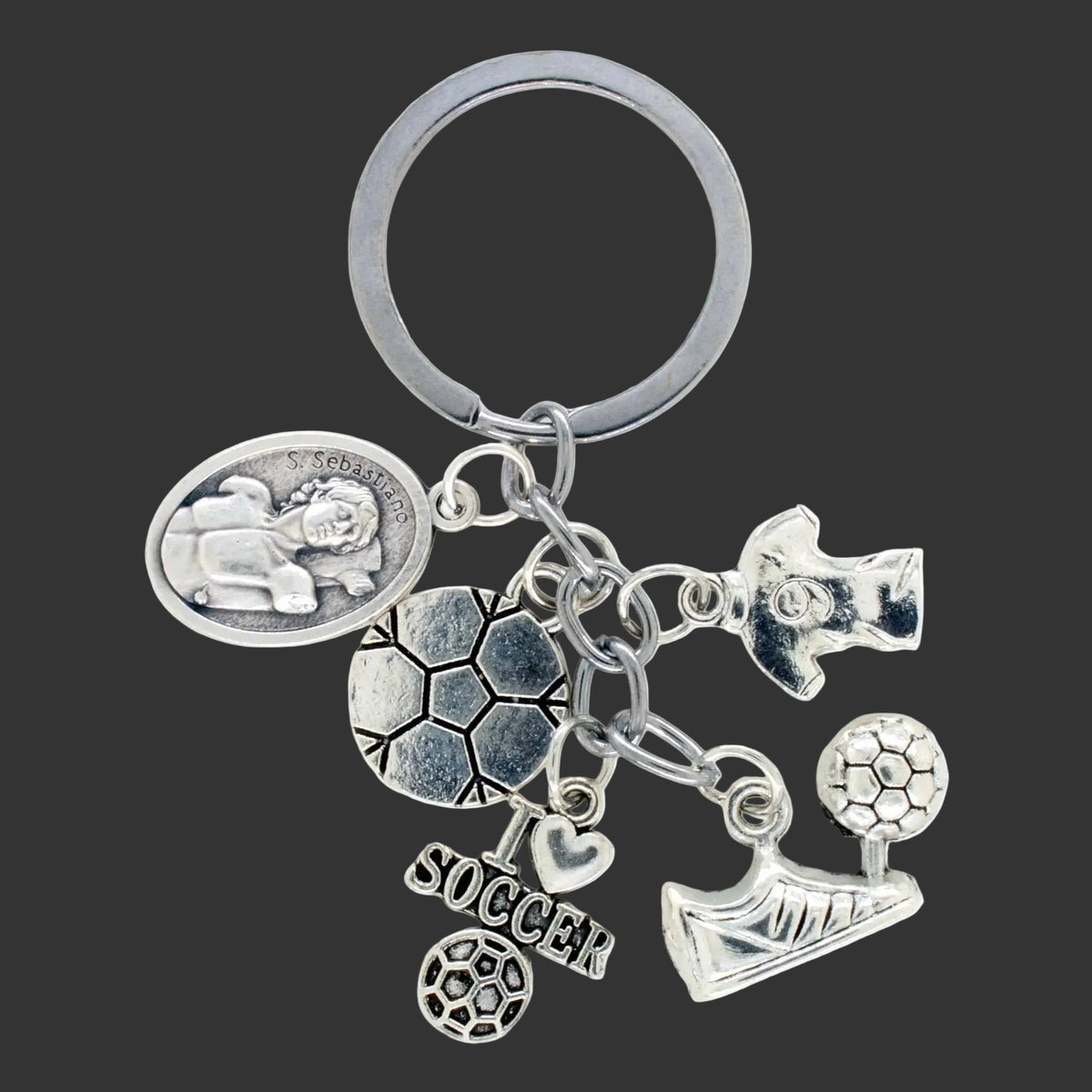 Keychain - "I Love Soccer" w/ St. Sebastian Medal Charm 3"