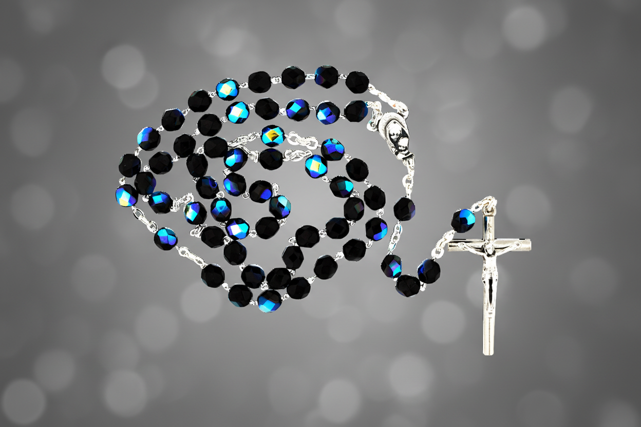 Black Crystal Rosary Beads with Madonna Centerpiece
