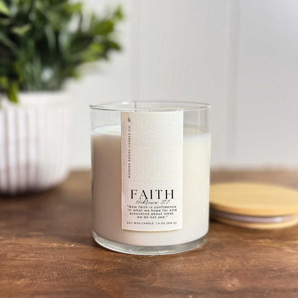 Faith | Lily & Bergamot | 9 oz. Clear Jar Soy Candle: Asher White Pine Lid