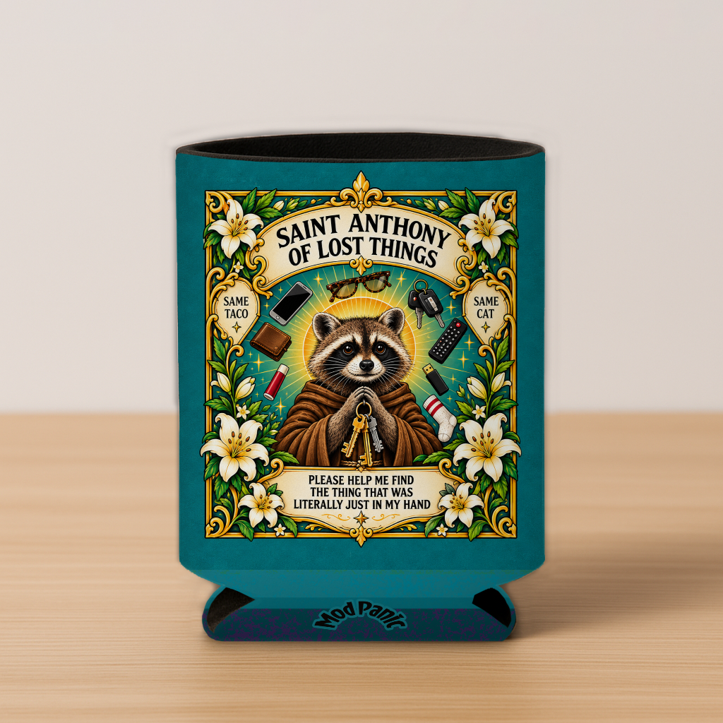 Saint Anthony Of Lost Things Racoon Prayer Candle Koozie: 4inx5in