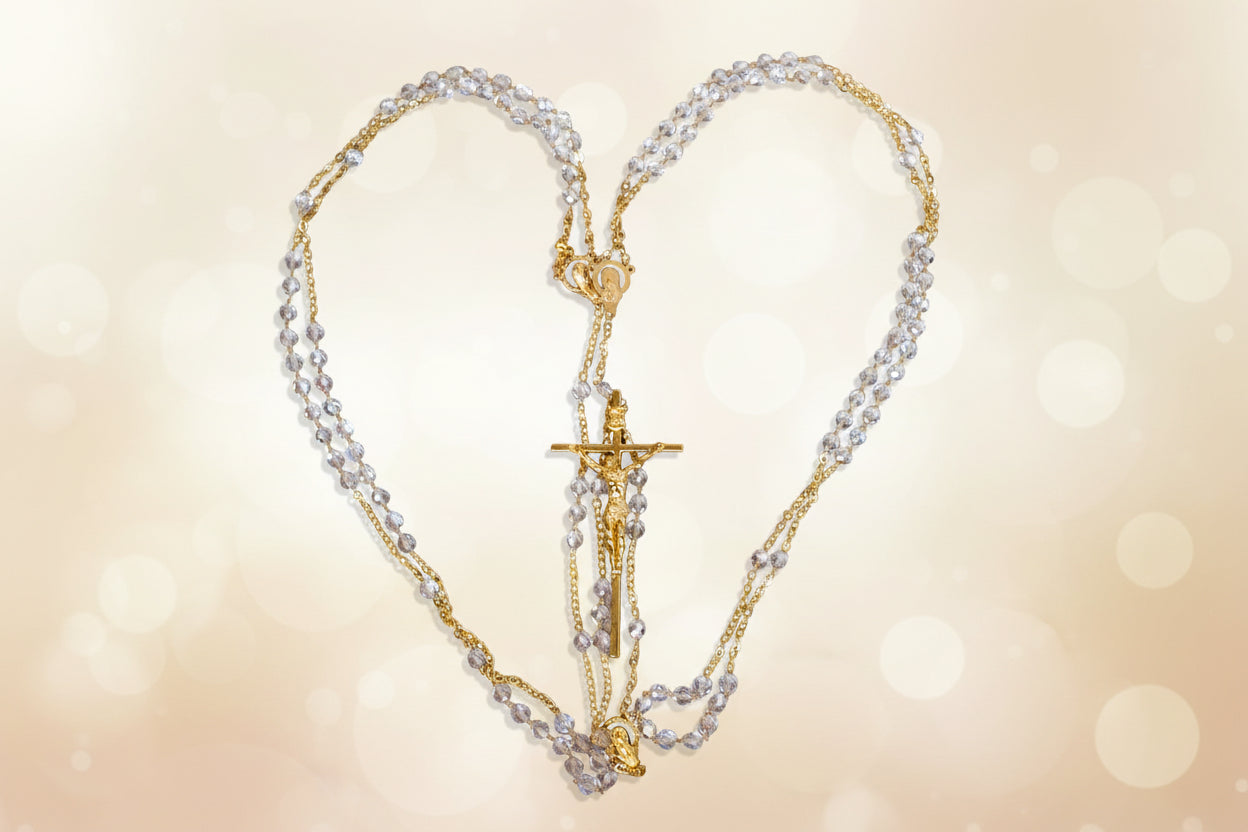 Catholic Crystal Wedding Rosary with Gold-Tone Accents