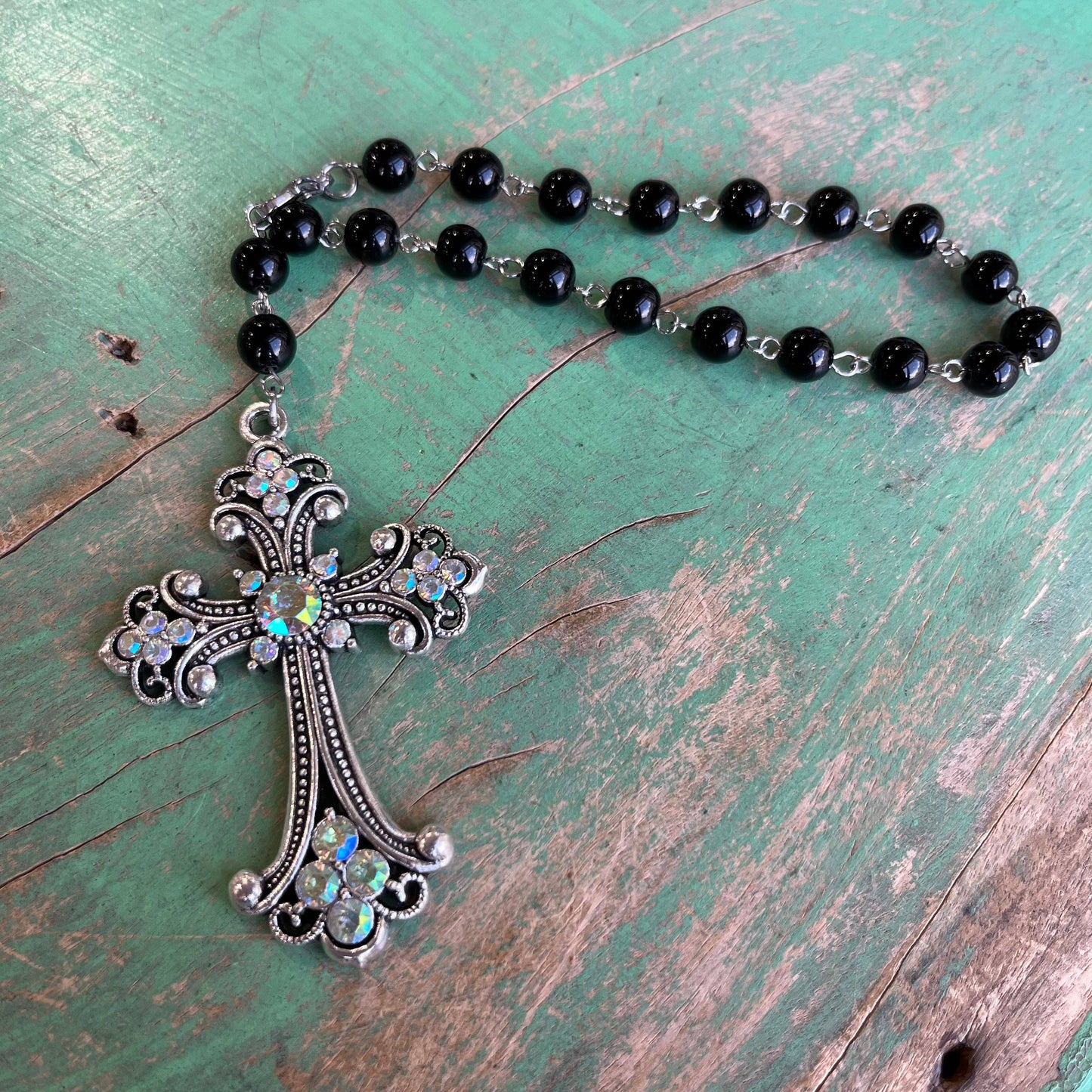 Black and Crystal Cross Car Blessing Rosary