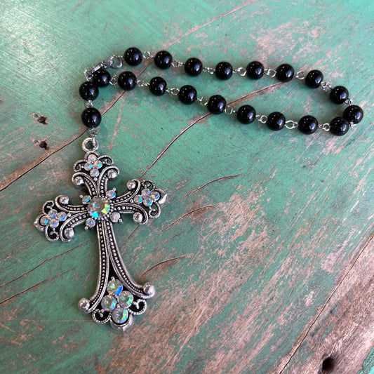 Black and Crystal Cross Car Blessing Rosary
