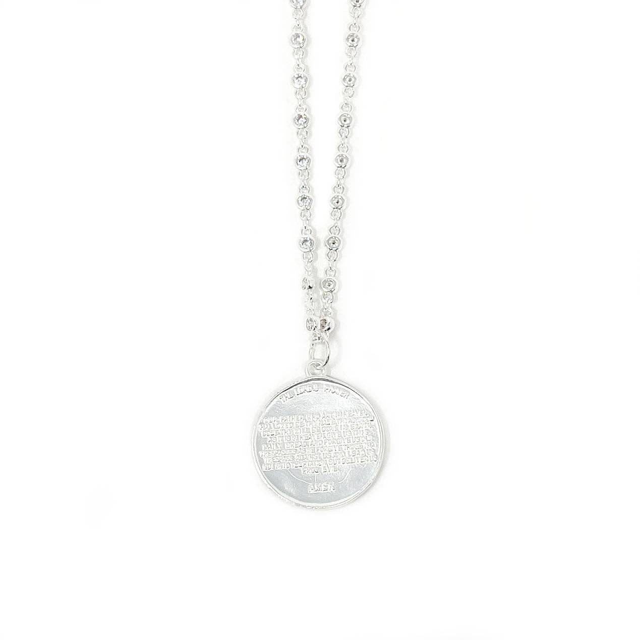 18" Silver Crystal Bezel Necklace with Matte Silver Lord's Prayer Cross: 18"