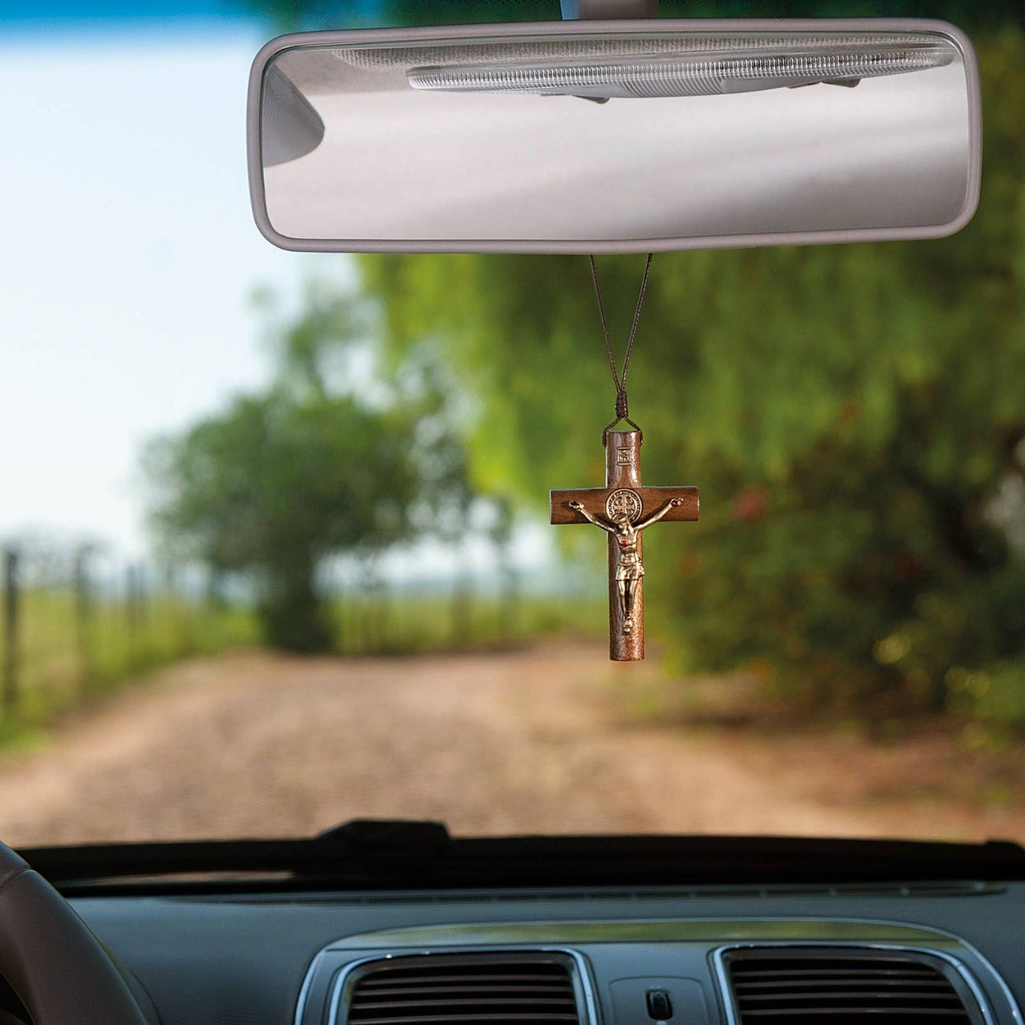 St. Benedict Wooden Rearview Mirror Cross   3"