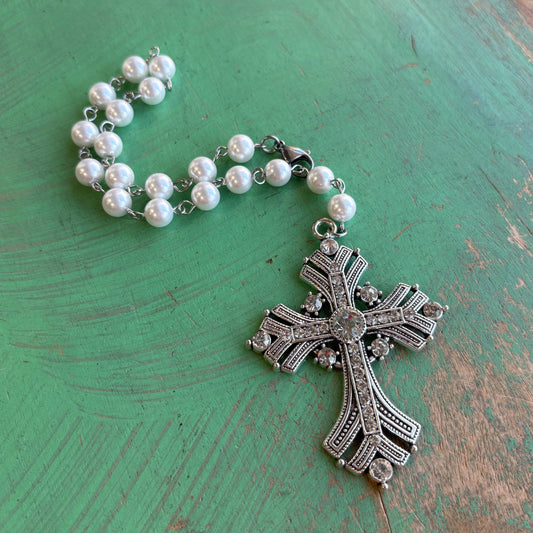 Victorian Inspired Jeweled Cross Glass Pearl Car Blessing/Car Rosary