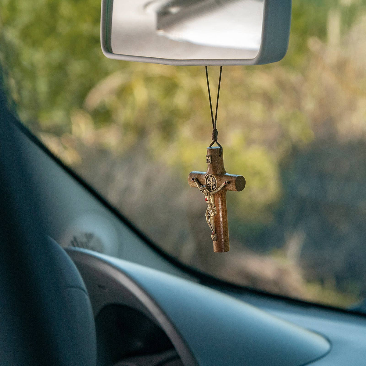 St. Benedict Wooden Rearview Mirror Cross   3"