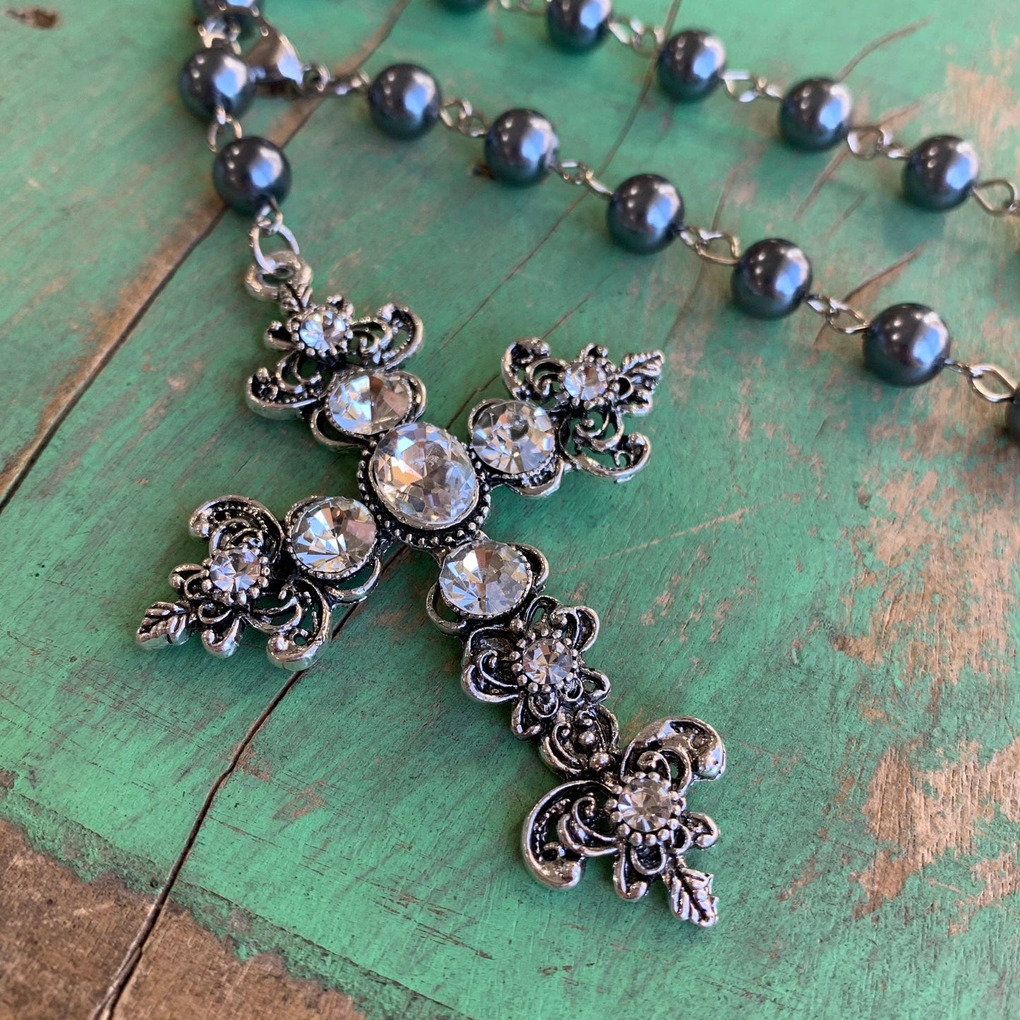Black and Crystal Cross Car Blessing Rosary