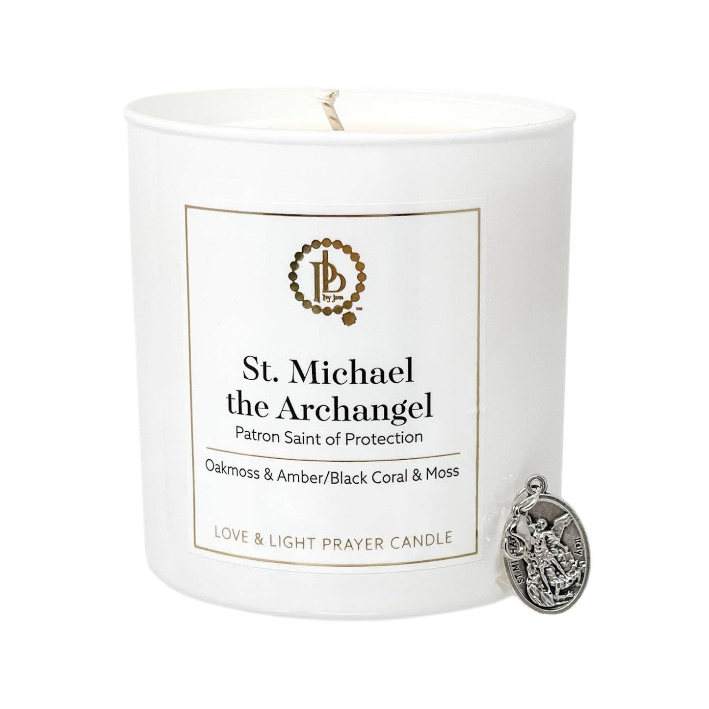 Love & Light Prayer Candle- St. Michael: Oak Moss & Amber/Black Coral & Moss