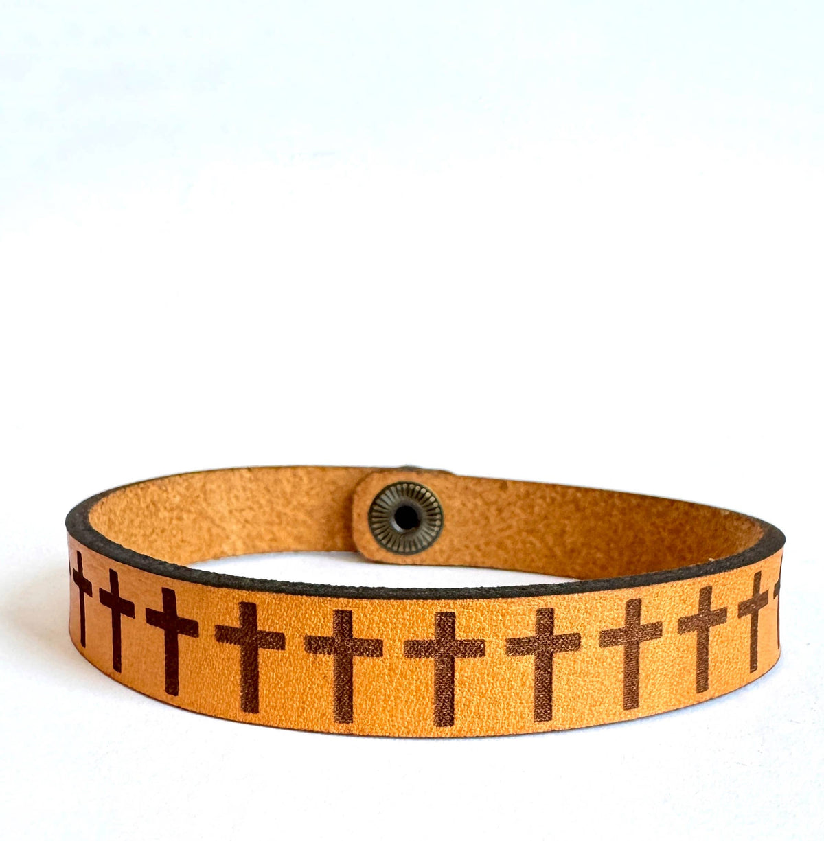 Easter - Single Cross Men's Religious Leather Snap Bracelet Engraved Cuff
