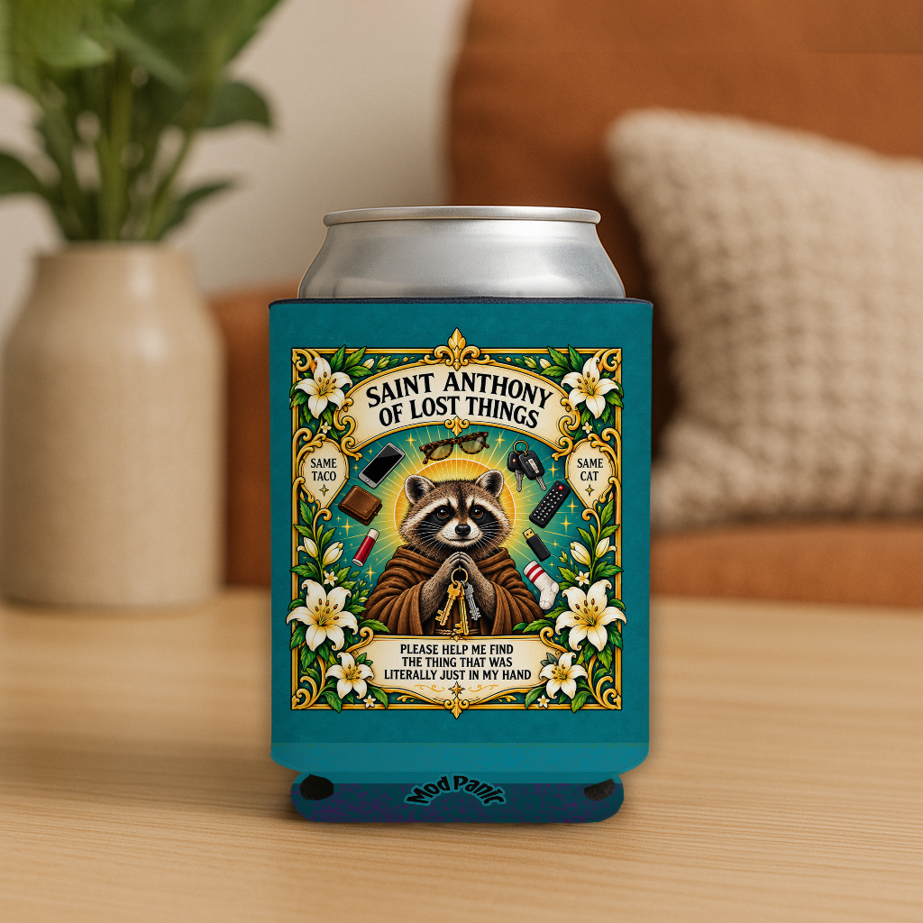 Saint Anthony Of Lost Things Racoon Prayer Candle Koozie: 4inx5in