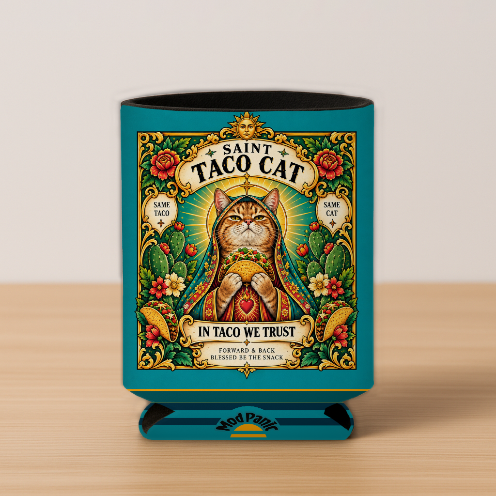 Saint Taco Cat Prayer Candle Koozie: 4inx5in