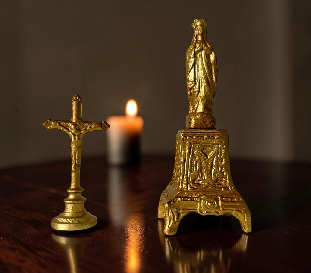 Mini Gold Crucifix or Gold Mary on a Pedestal