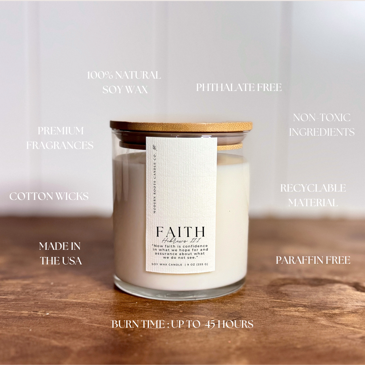 Faith | Lily & Bergamot | 9 oz. Clear Jar Soy Candle: Natural Wood Lid