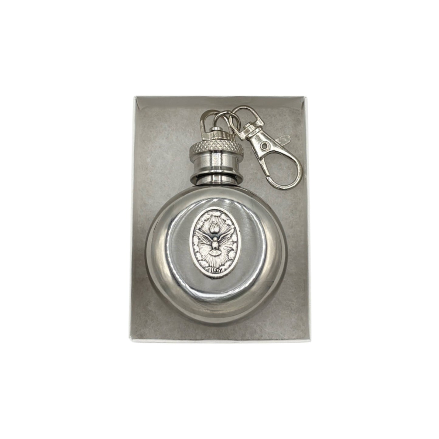 Holy Water Flask - Holy Spirit Round (SS) with Keyring   1 oz