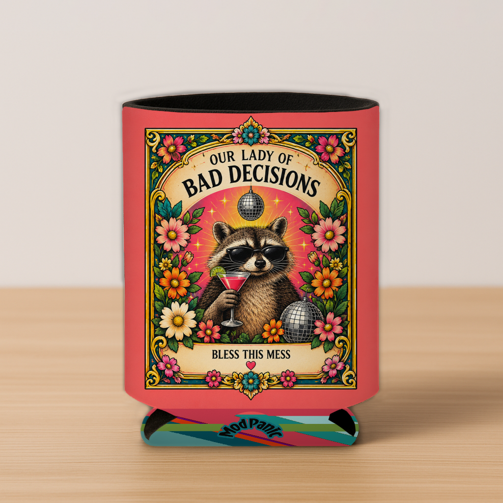 Our Lady Of Bad Decicions Racoon Prayer Candle Koozie: 4inx5in