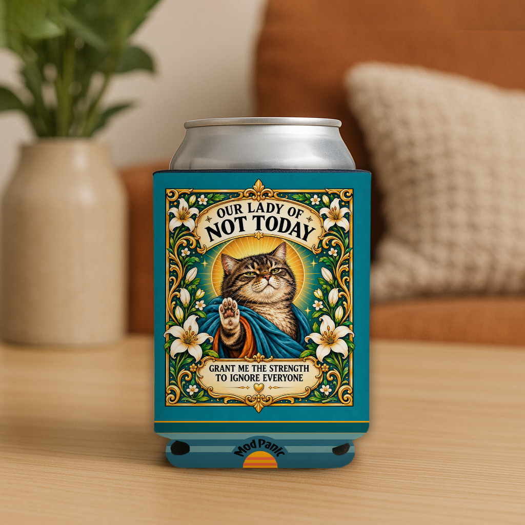 Our Lady Of Not Today Cat Prayer Candle Koozie: 4inx5in