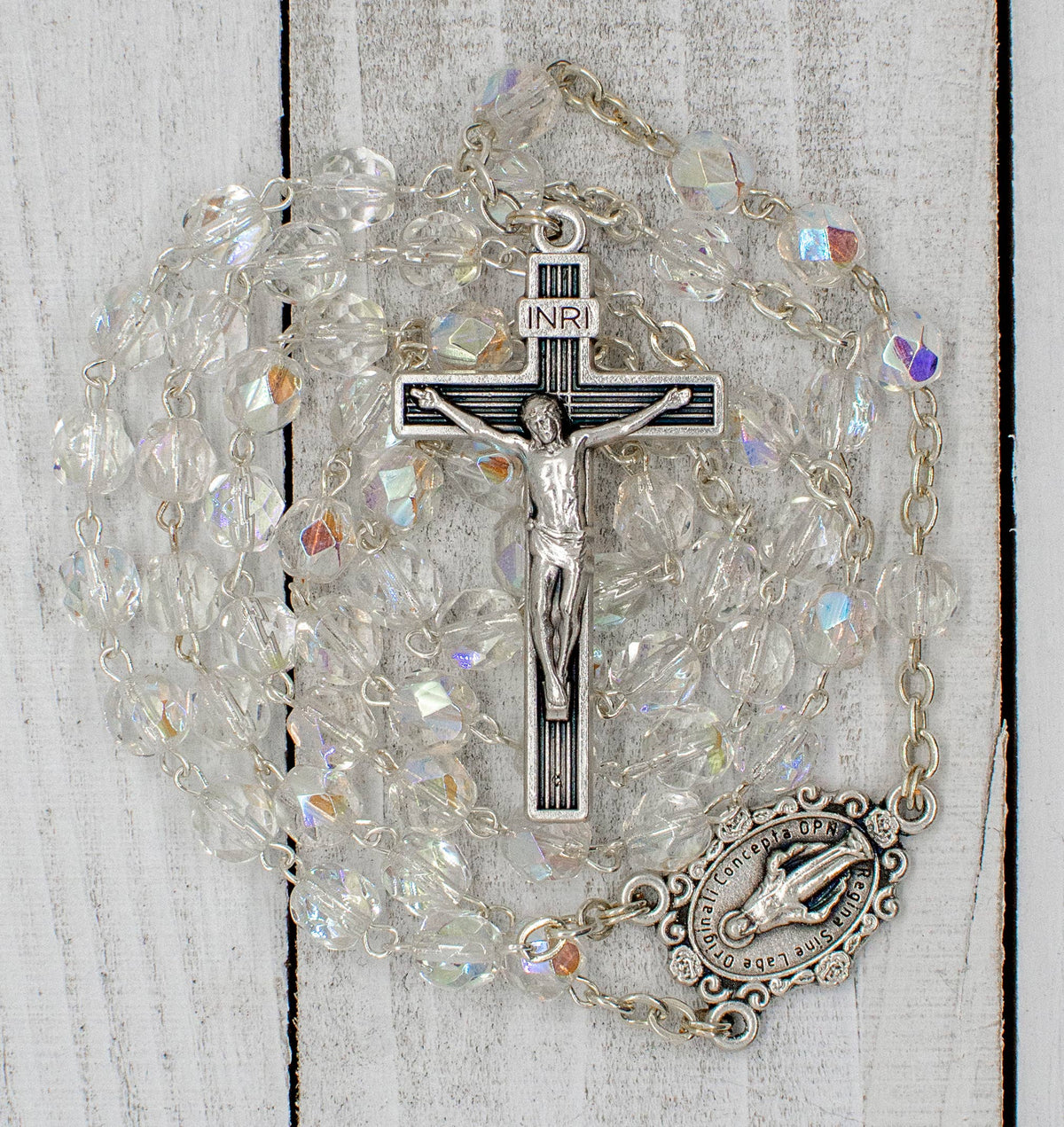 Crystal Clear Rosary Beads with Madonna Centerpiece