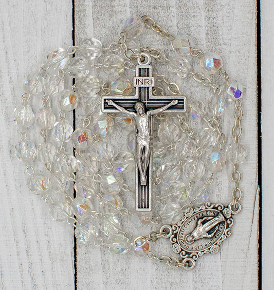 Crystal Clear Rosary Beads with Madonna Centerpiece