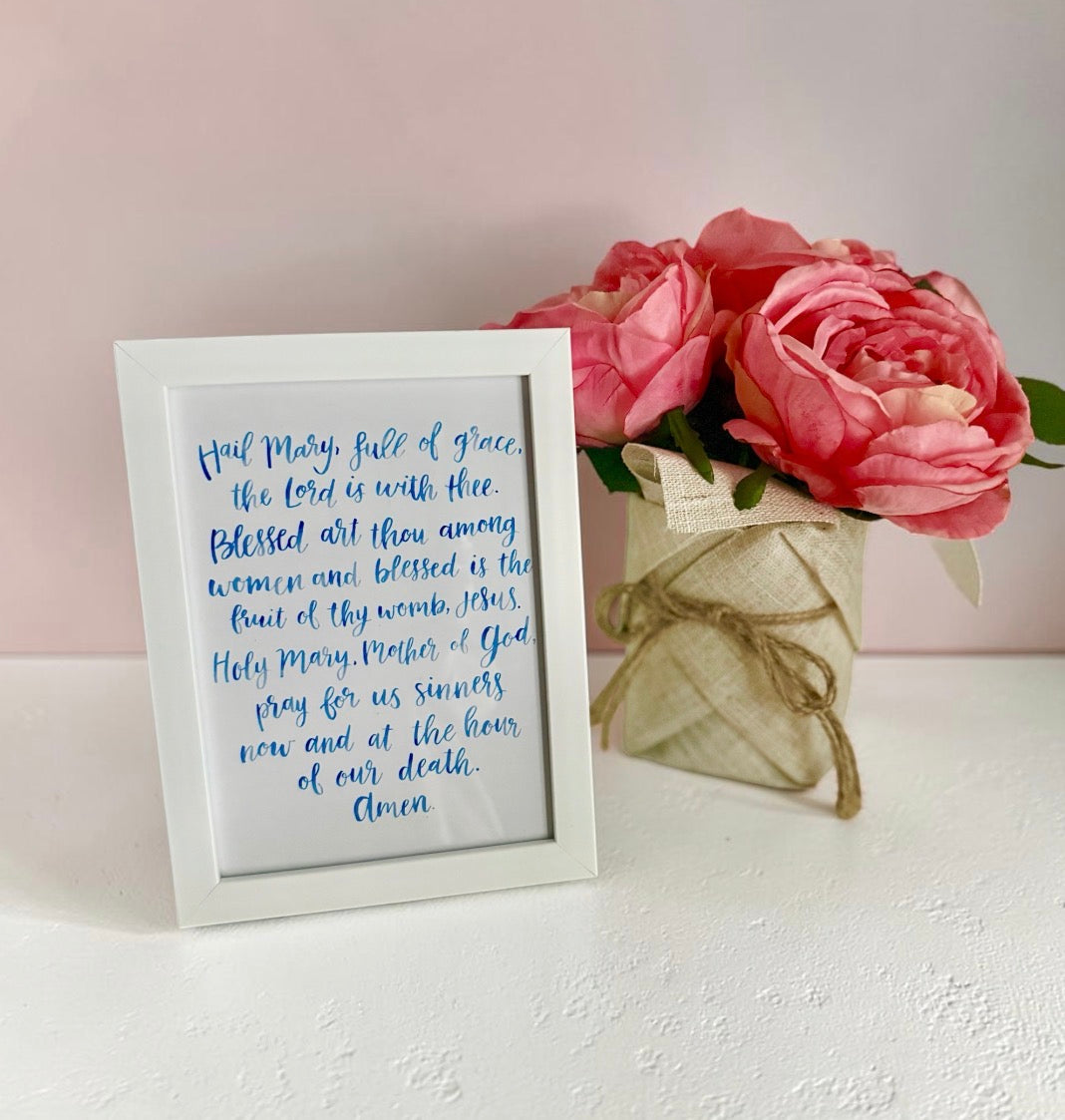 Watercolor Lettering Prints (2 Options - Ave Maria in Latin and Hail Mary - 5x7 Framed Prints)