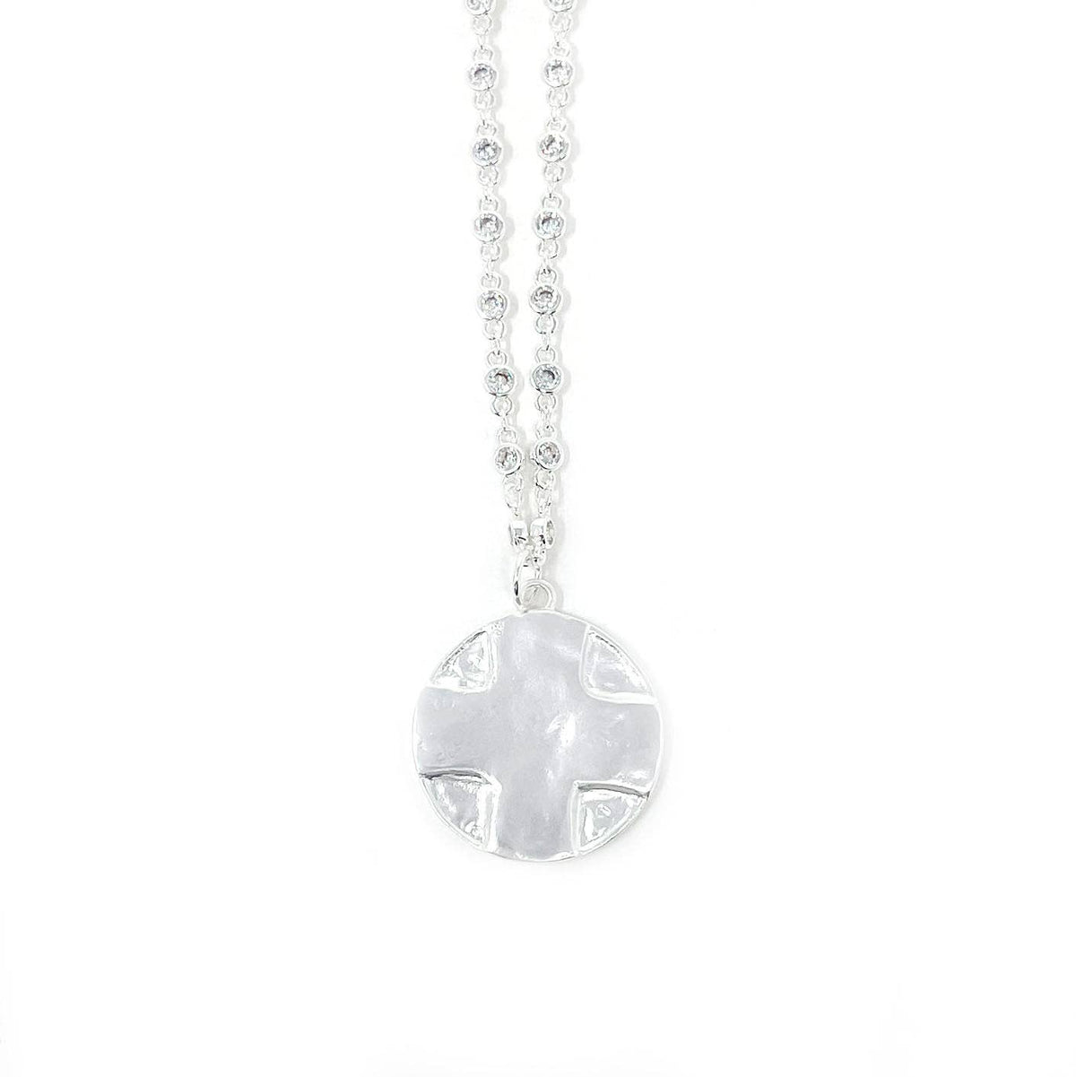 18" Silver Crystal Bezel Necklace with Matte Silver Lord's Prayer Cross: 18"
