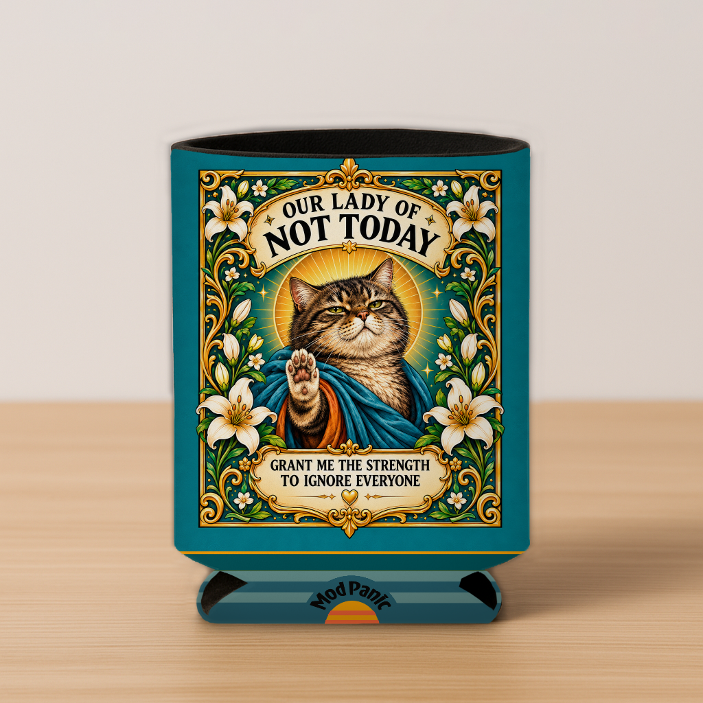 Our Lady Of Not Today Cat Prayer Candle Koozie: 4inx5in