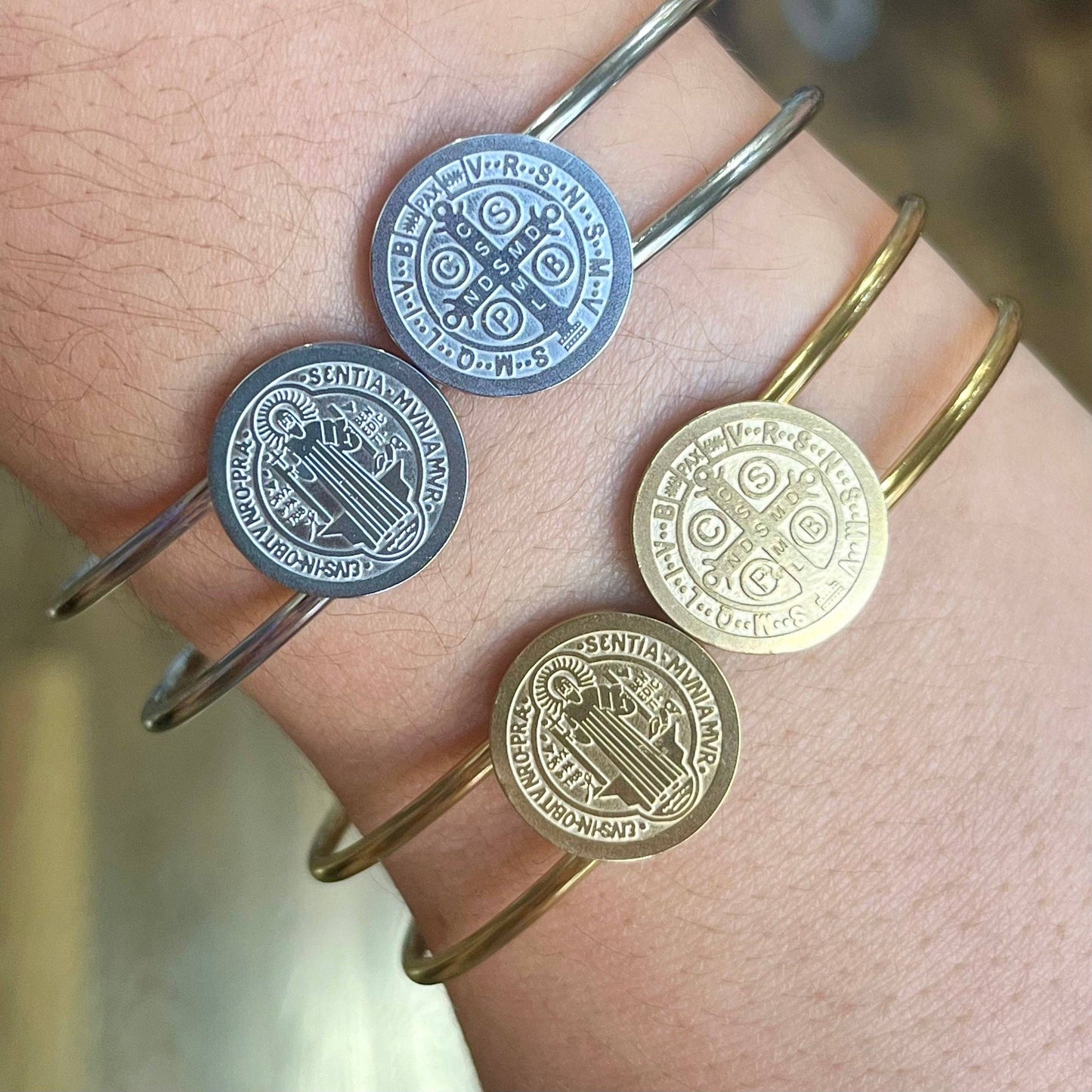 Stainless Steel St Benedict Bangle Bracelet: Gold