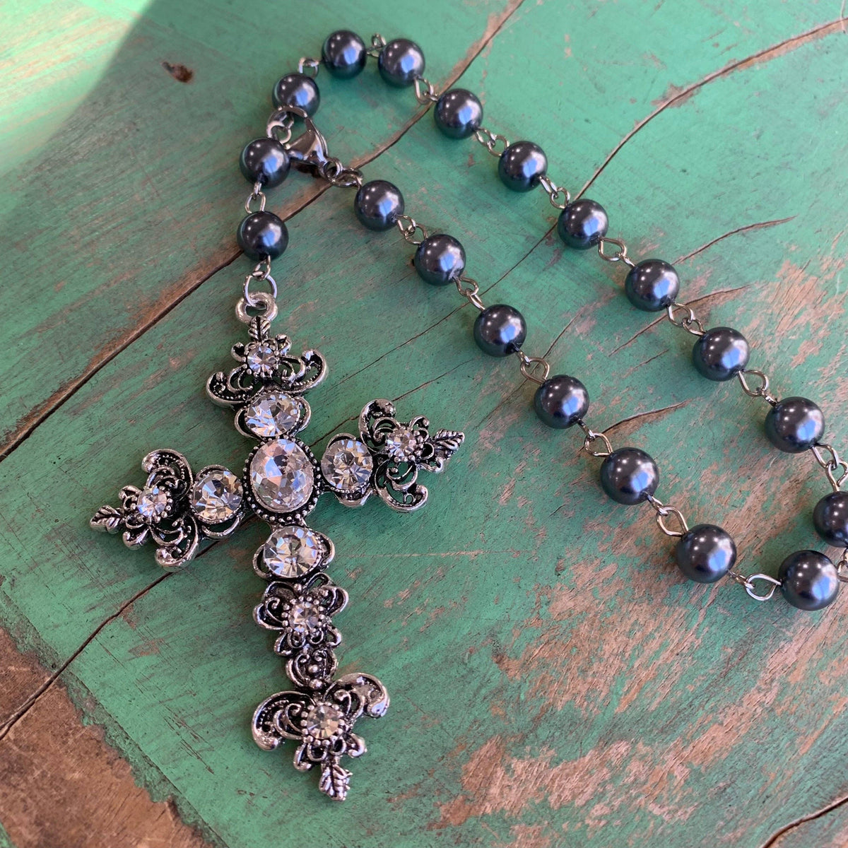 Black and Crystal Cross Car Blessing Rosary