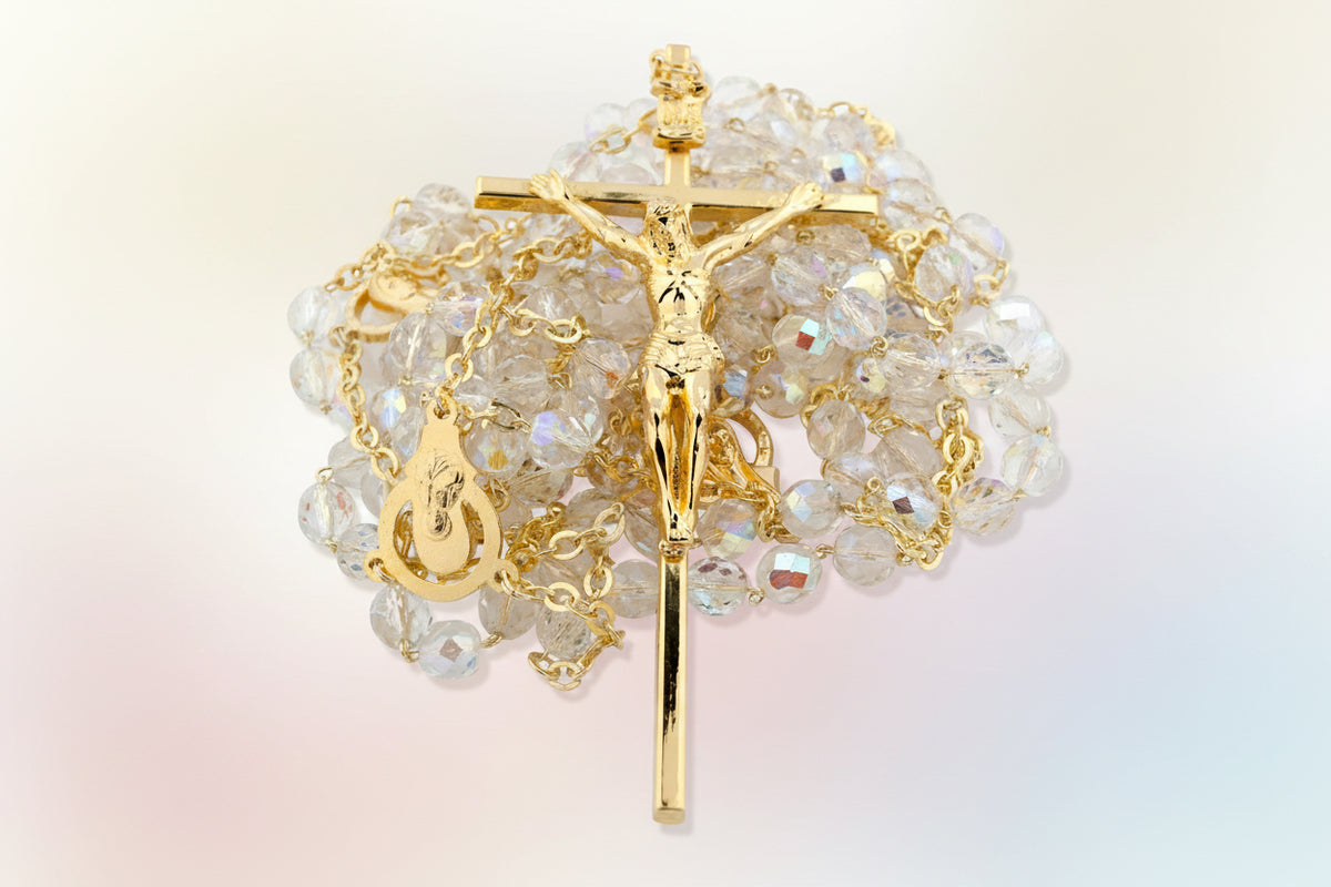Catholic Crystal Wedding Rosary with Gold-Tone Accents