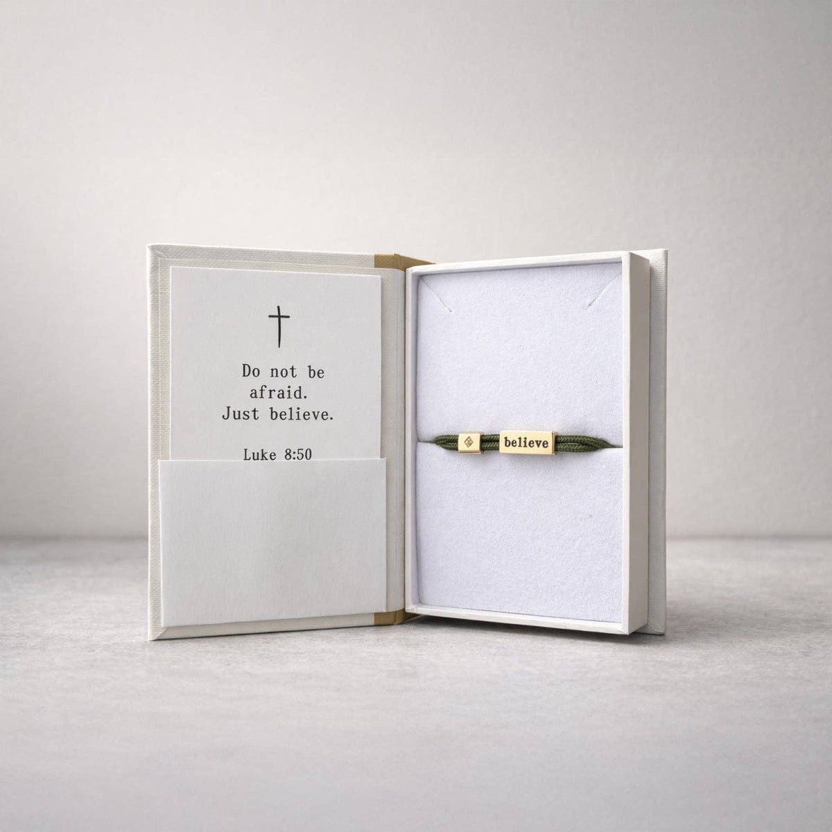 Sentiment Bracelet – Believe | Olive Green Cord