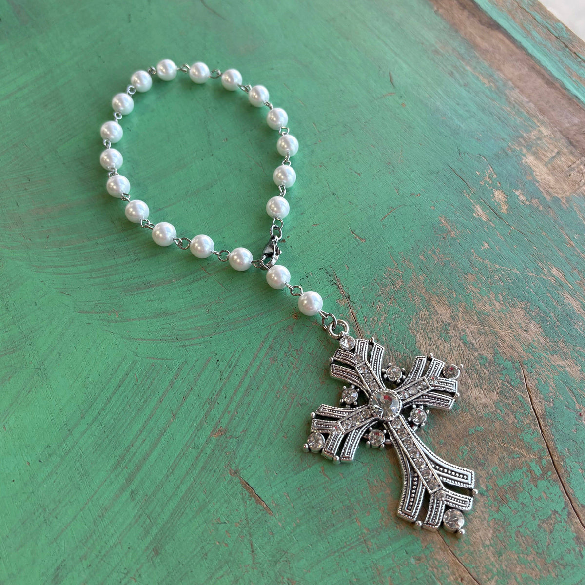 Victorian Inspired Jeweled Cross Glass Pearl Car Blessing/Car Rosary