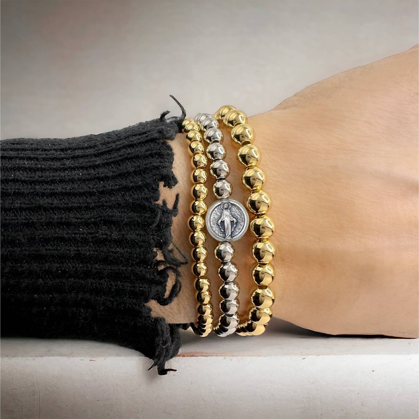 Subliminal Blessed Mother Miraculous Beaded Bracelet: Silver and Gold