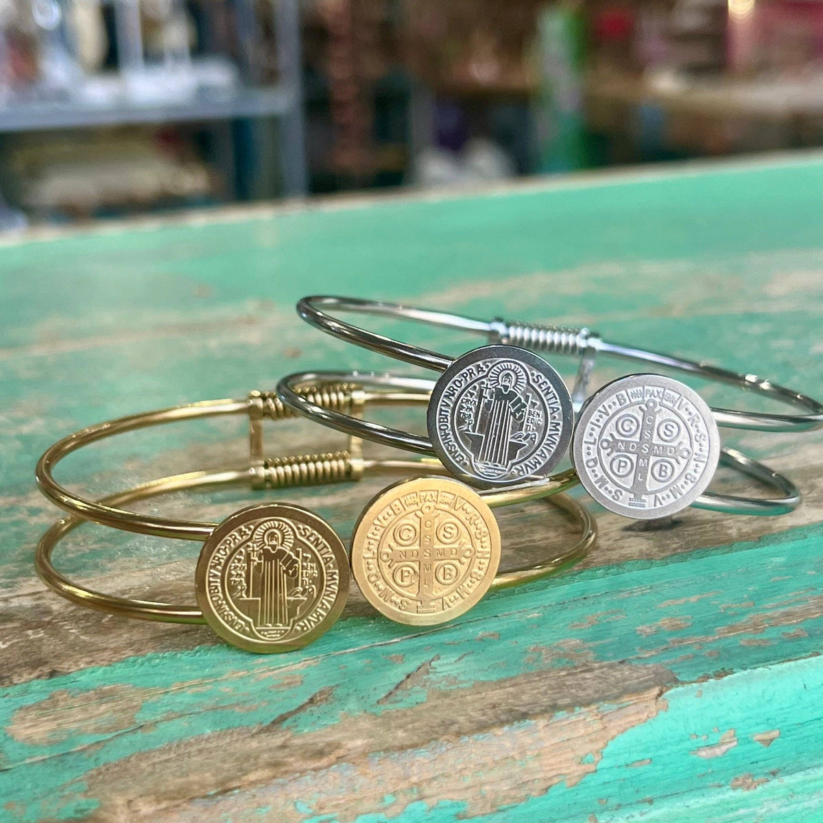 Stainless Steel St Benedict Bangle Bracelet: Gold