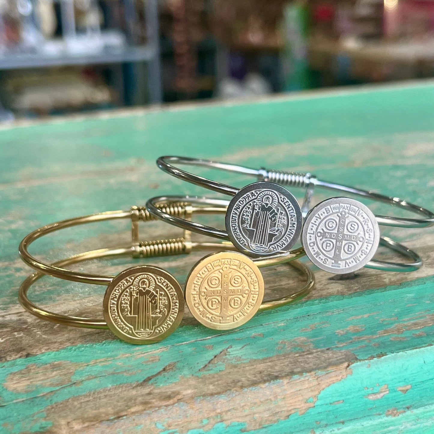 Stainless Steel St Benedict Bangle Bracelet: Silver