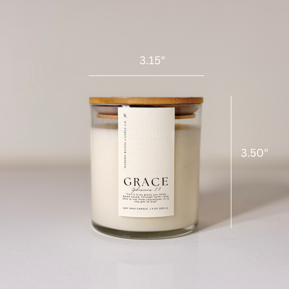Grace | White Peach Blossom | 9 oz. Clear Jar Soy Candle: Natural Wood Lid