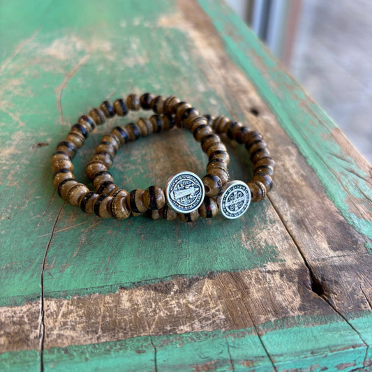 Men of Faith St. Benedict Brown Prayer Bead Men's Bracelet