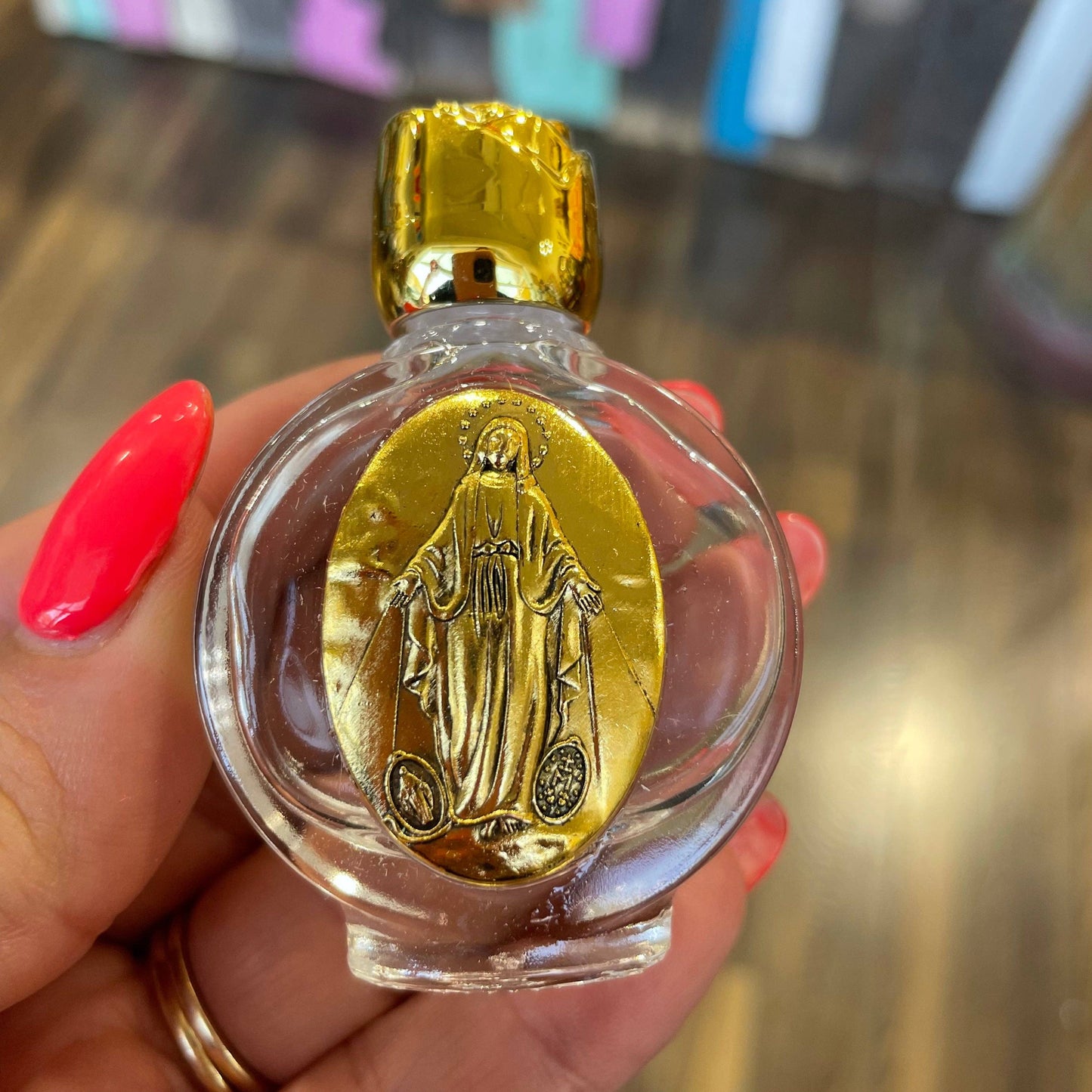 Our Lady of Grace Glass Holy Water Bottle