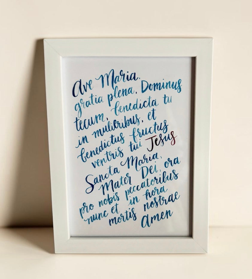 Watercolor Lettering Prints (2 Options - Ave Maria in Latin and Hail Mary - 5x7 Framed Prints)