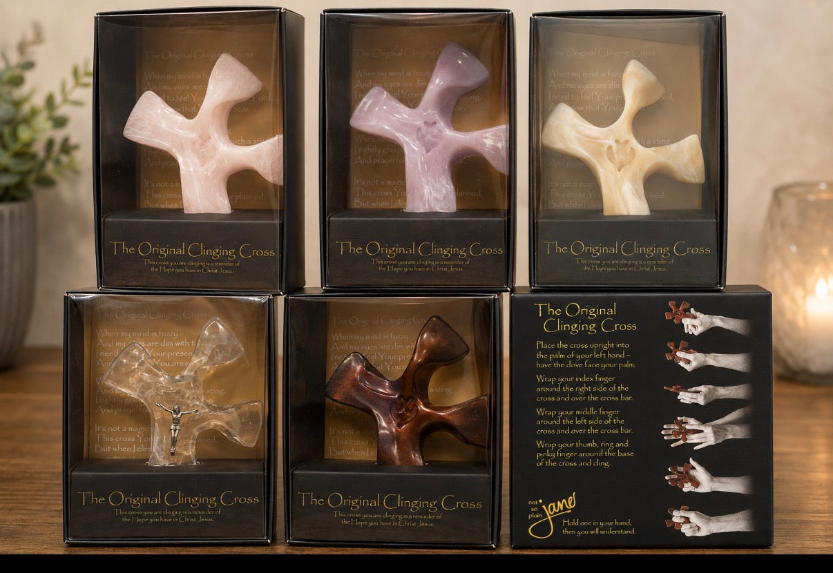 Clinging Cross (White Agate, Rose Quartz, Dark Tortoise/Copper, Vervain, Living Water Clear w/ Embedded Crucifix)