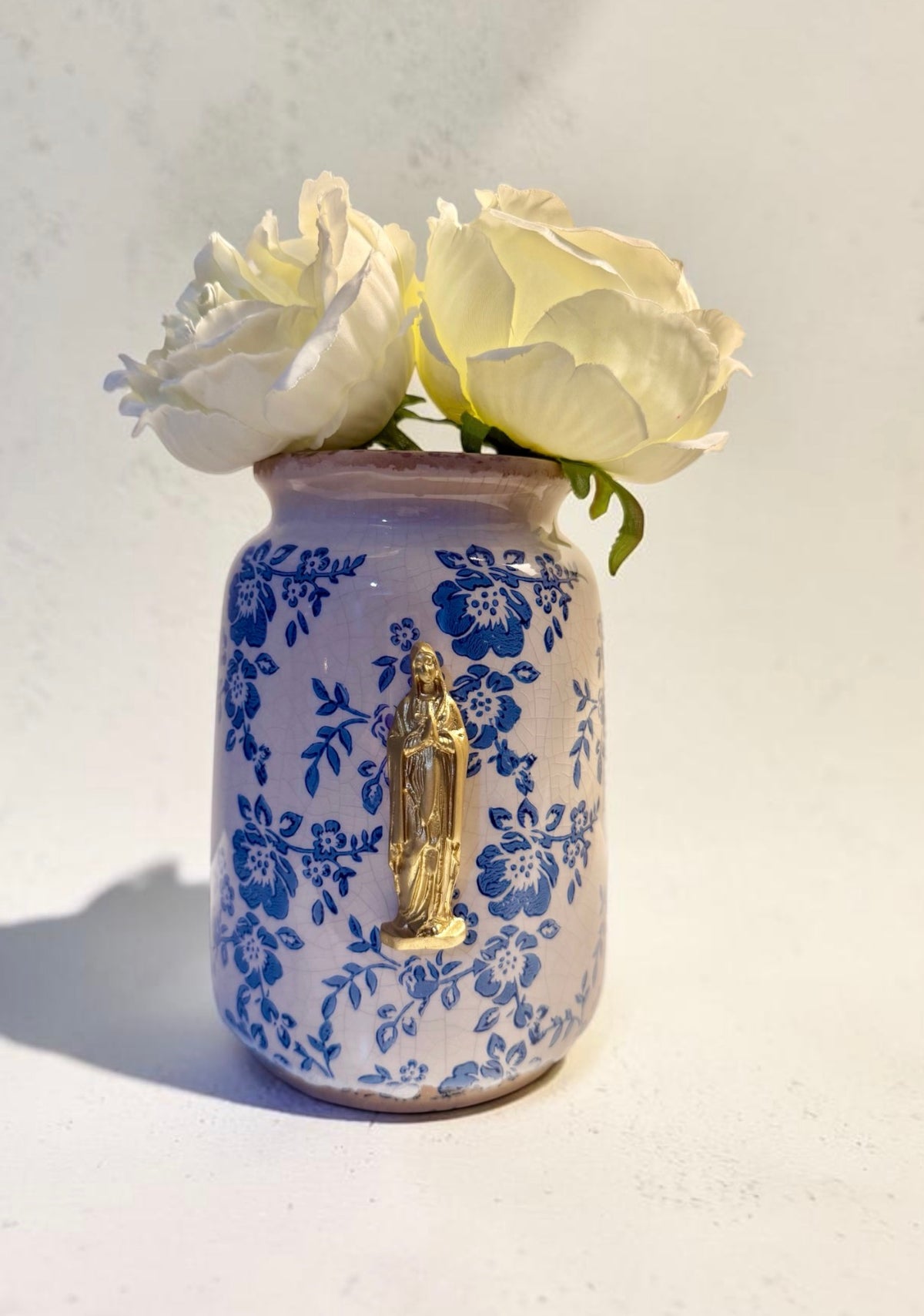 Mother Mary Intaglio on Blue & White Chinoiserie Ceramic Vase ~ A Christina Yeager Design