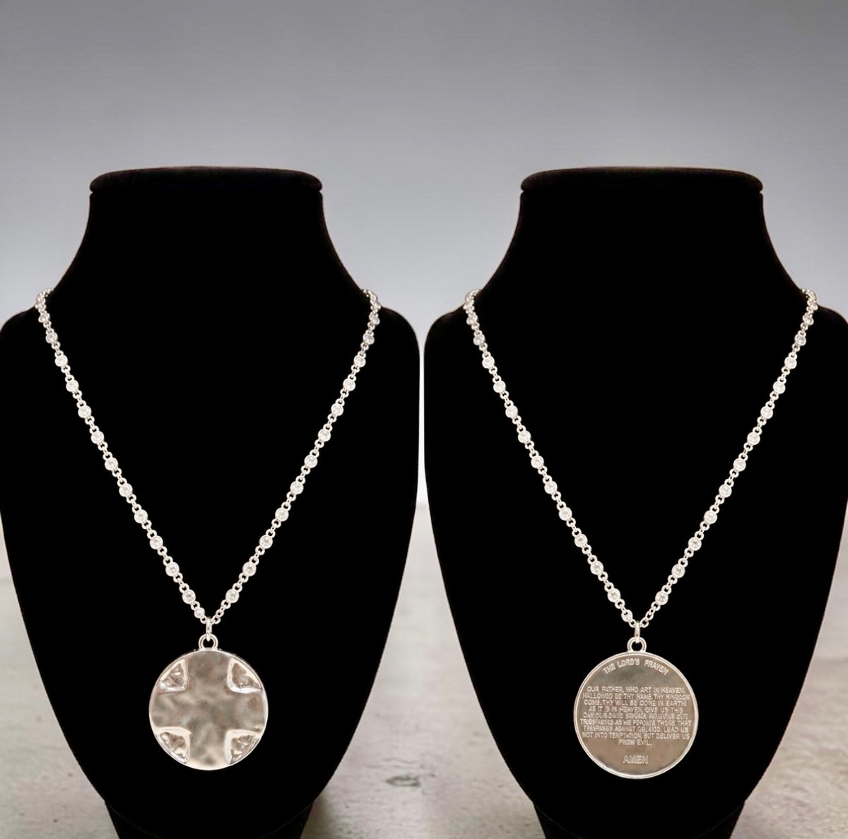 18" Silver Crystal Bezel Necklace with Matte Silver Lord's Prayer Cross: 18"